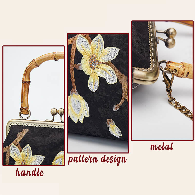 Nimara Ritual Plum Blossom Embroidery Bamboo Handle Handbag Crossbody Bag