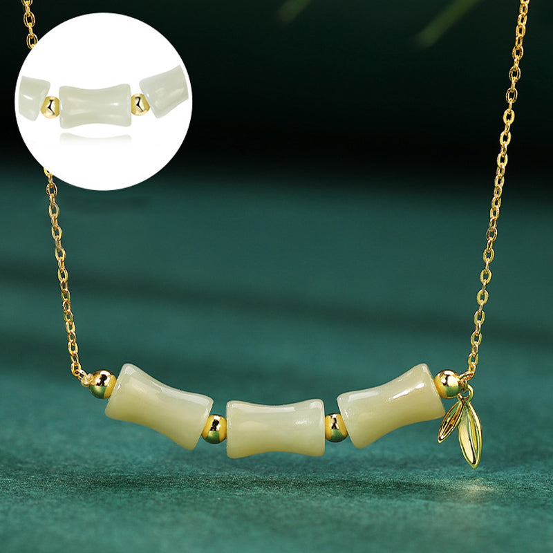 Nimara Ritual 925 Sterling Silver Hetian Jade Bamboo Fu Character Prosperity Necklace Pendant Bracelet