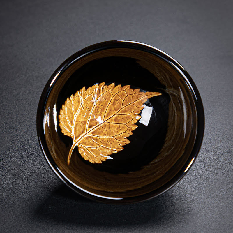 Nimara Ritual Gold Maple Leaf Chinese Jianzhan Ceramic Teacup Tenmoku Kung Fu Tea Cup Bowl