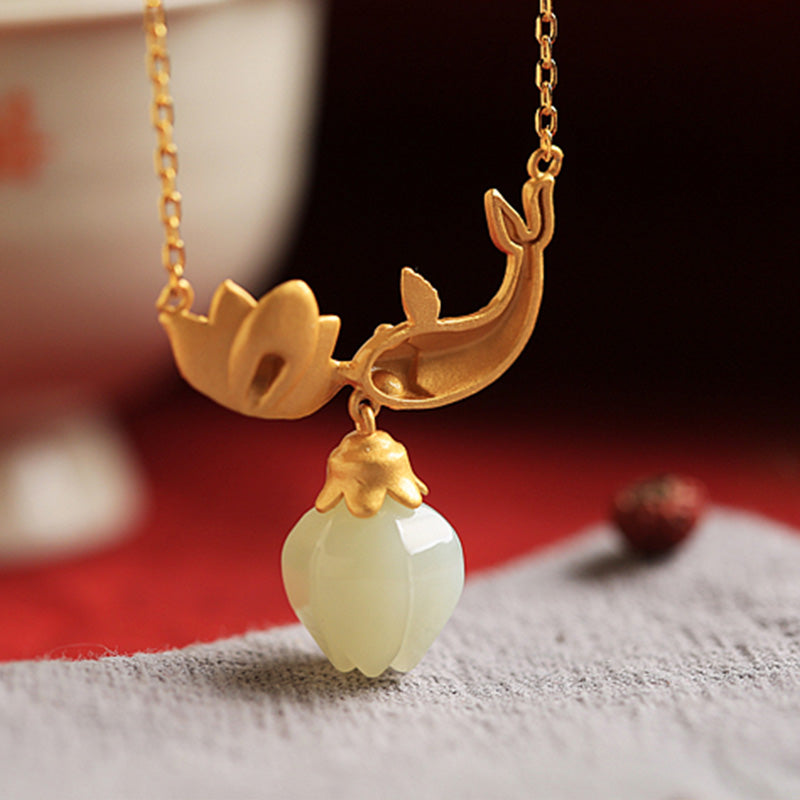 Nimara Ritual White Jade Koi Fish Lotus Copper Protection Necklace Pendant