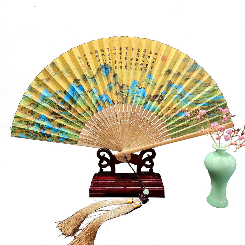 Nimara Ritual A Panorama Of Rivers And Mountains Cranes Orchid Flower Paper Bamboo Handheld Silk Bamboo Folding Fan 22cm