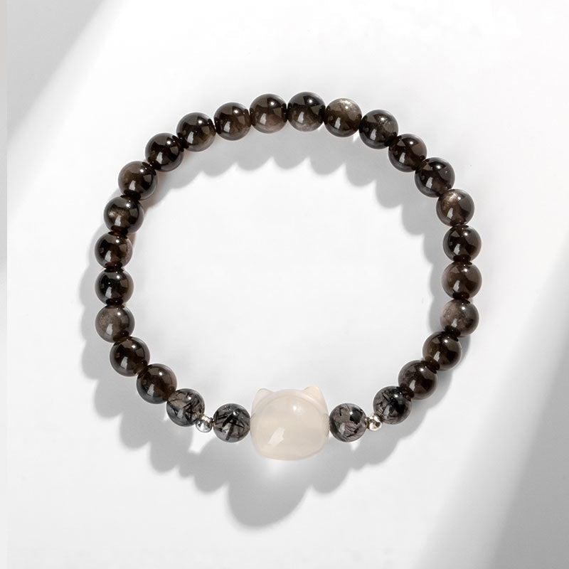 Nimara Ritual Natural Silver Sheen Obsidian Cute Cat Head Protection Bracelet