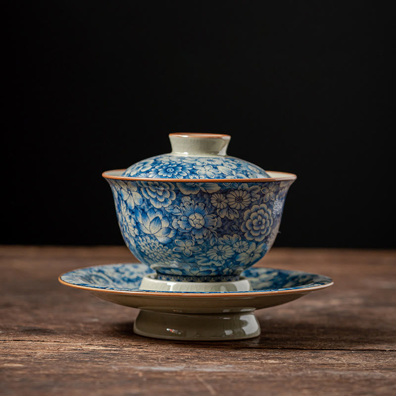 Nimara Ritual Vintage Blue And White Porcelain Peach Blossom Lotus Peony Ceramic Gaiwan Sancai Teacup Kung Fu Tea Cup And Saucer With Lid