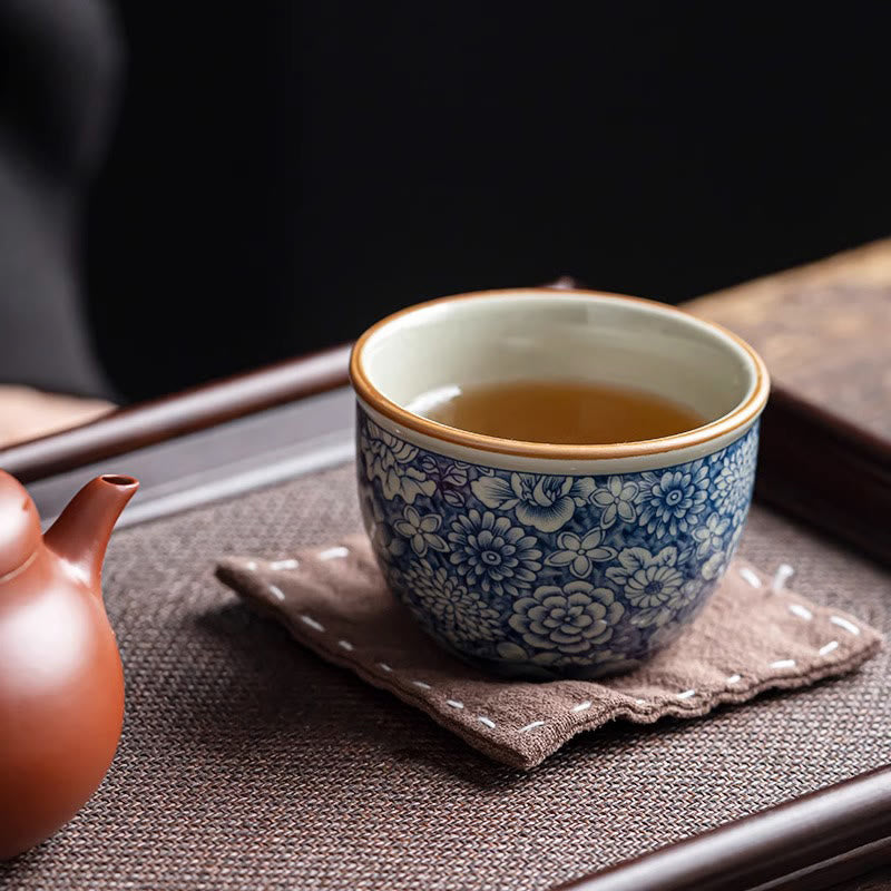 Nimara Ritual Blue Lotus Peach Blossom Chrysanthemum Design Ceramic Teacup Kung Fu Tea Cups