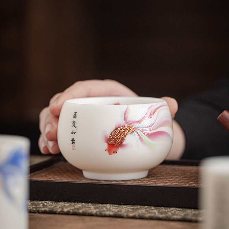 Nimara Ritual Koi Fish White Porcelain Ceramic Teacup Kung Fu Tea Cup