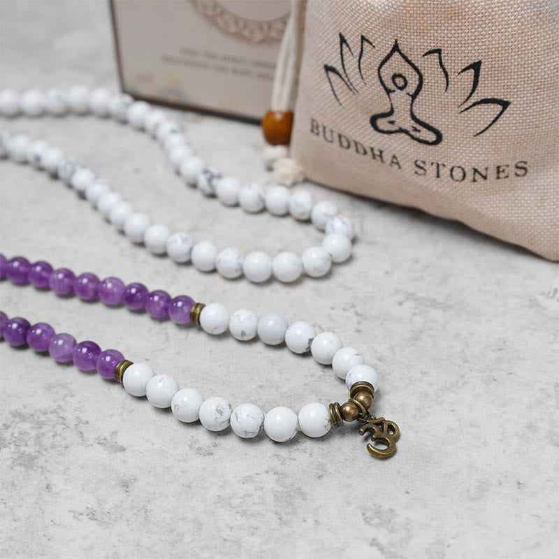 Nimara Ritual 108 Mala Beads Amethyst White Turquoise OM Healing Meditation Energy Bracelet