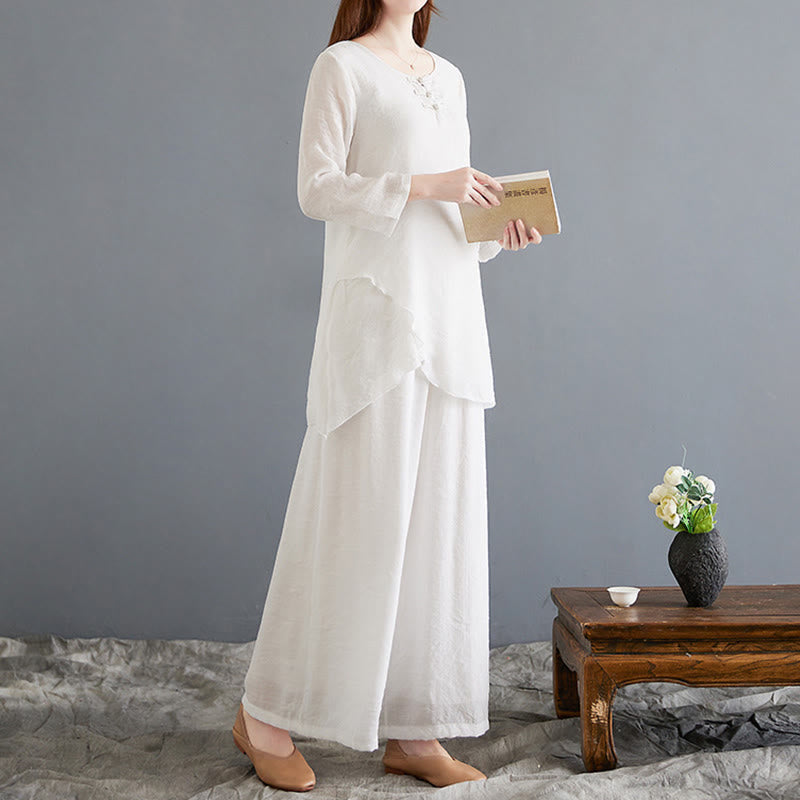 Nimara Ritual 2Pcs Frog-Button Long Sleeve Shirt Wide Leg Pants Meditation Cotton Linen Clothing