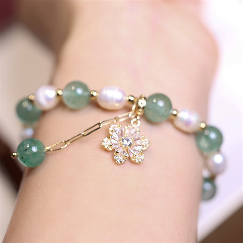 Nimara Ritual Natural Green Strawberry Quartz Pearl Flower Charm Love Bracelet