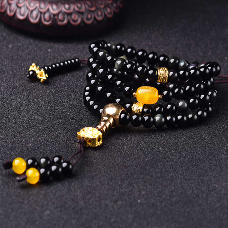 Nimara Ritual 108 Beads Natural Black Obsidian Lotus Fulfilment Mala Bracelet