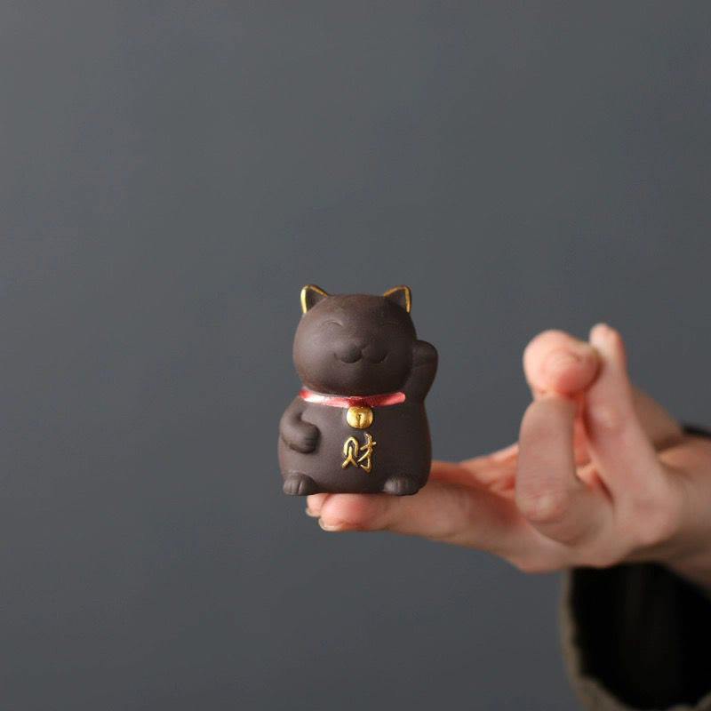 Nimara Ritual Mini Lucky Cat Wealth Tea Pet Purple Clay Figurine Decoration