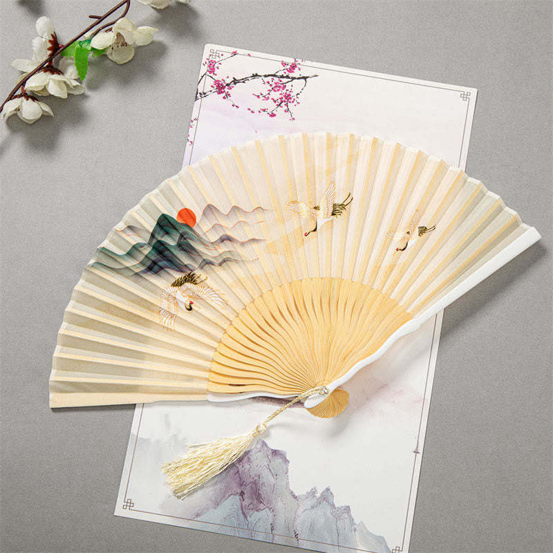 Nimara Ritual Flying White Crane Sun Cloud Handheld Silk Bamboo Folding Fan 22cm