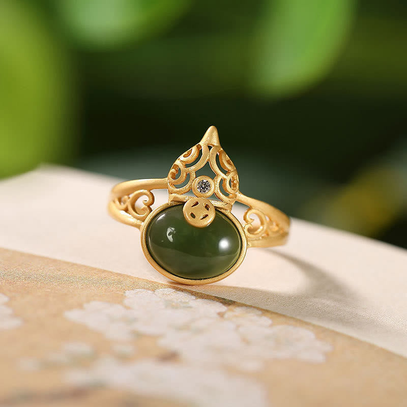 Nimara Ritual Gourd Cyan Jade Copper Coin Success Luck Adjustable Ring