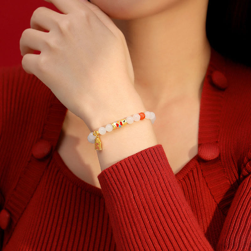 Nimara Ritual 925 Sterling Silver Hetian White Jade Red Agate Koi Fish Luck Happiness Bracelet