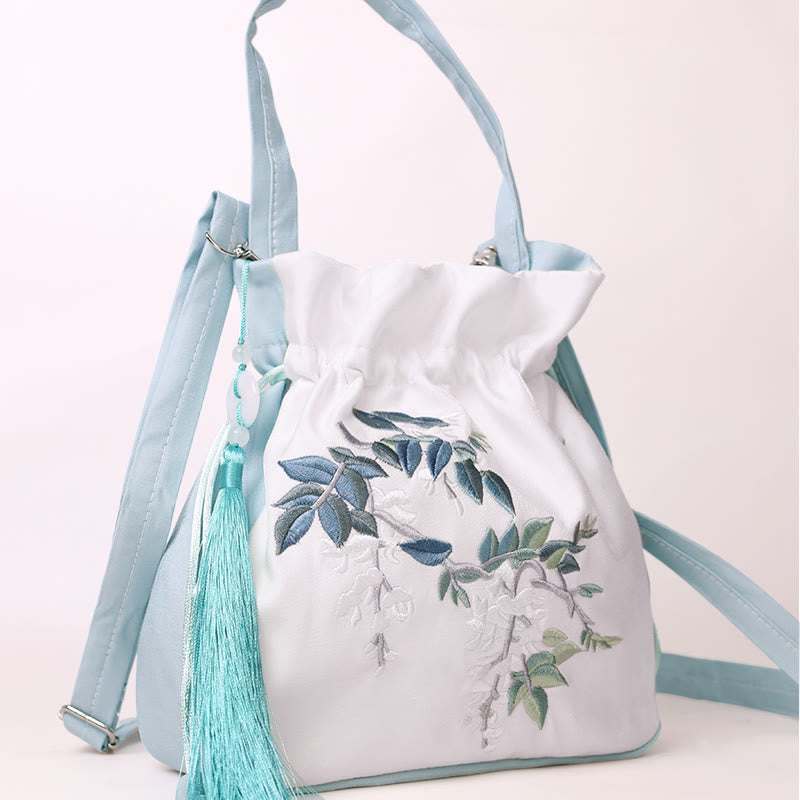 Nimara Ritual Embroidered Flowers Wisteria Lily Cotton Linen Tote Crossbody Bag Shoulder Bag Handbag