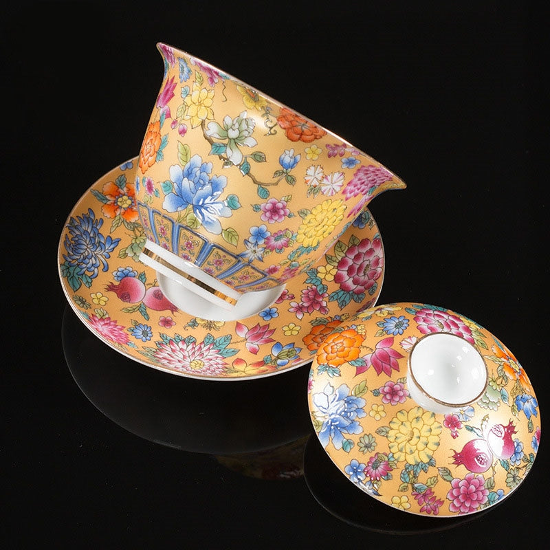 Nimara Ritual Peony Flowers Ceramic Gaiwan Sancai Teacup Kung Fu Tea Cup And Saucer With Lid