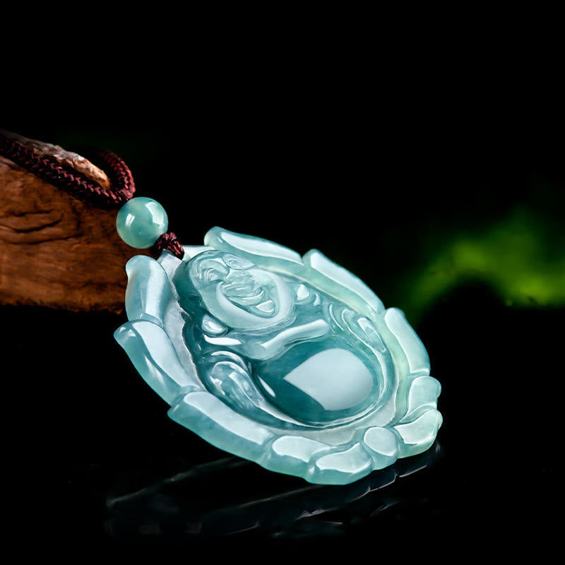 Nimara Ritual Natural Jade Laughing Buddha Lotus Pattern Luck Necklace Pendant
