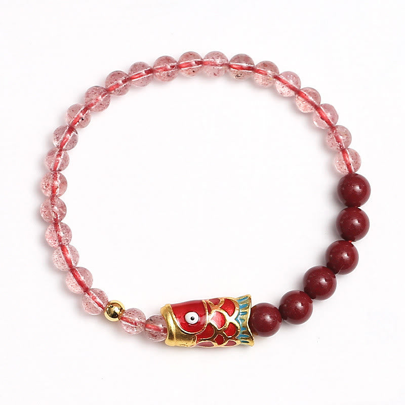 Nimara Ritual Natural Strawberry Quartz Cinnabar Lucky Koi Fish Healing Bracelet