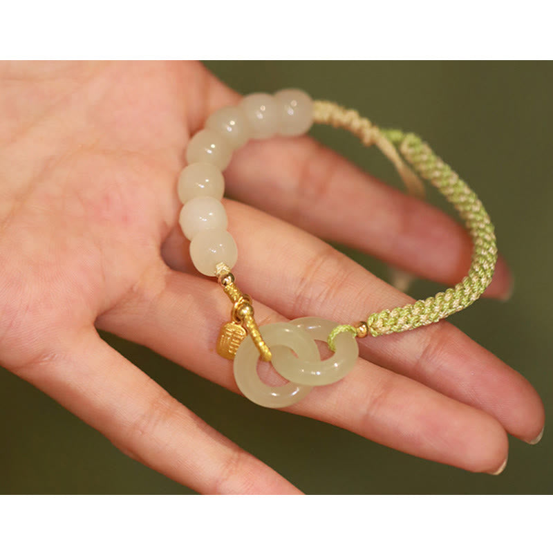 Nimara Ritual Natural Hetian Jade Bead Double Peace Buckle Fu Character Abundance Braided Bracelet