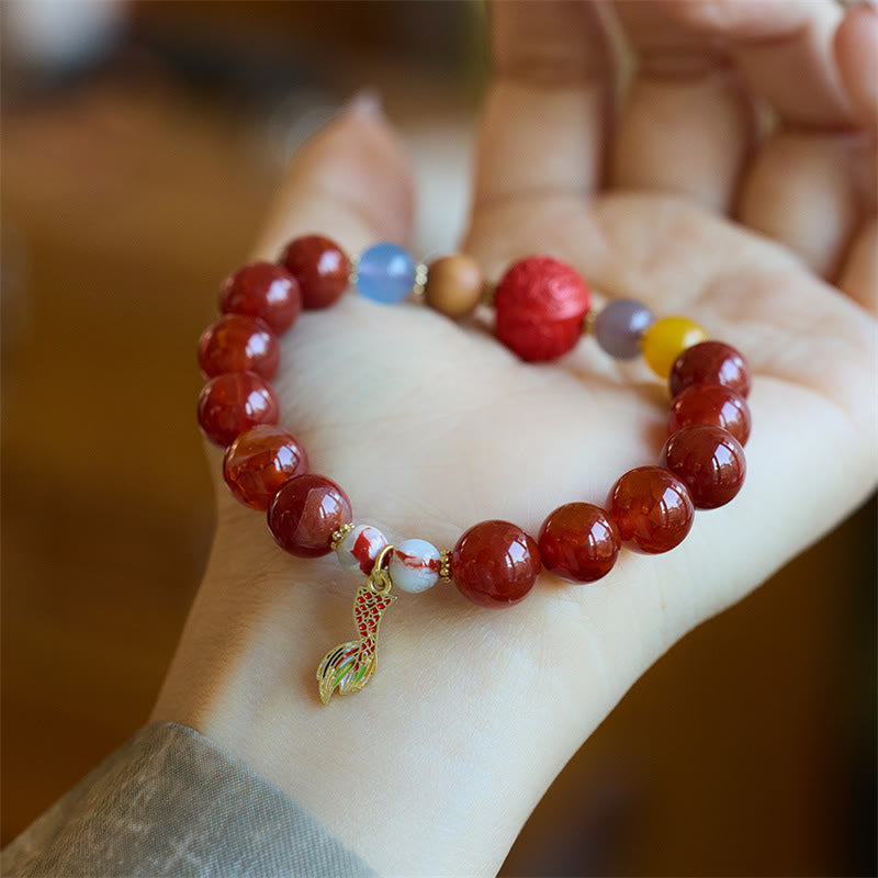 Nimara Ritual Natural Red Agate Peace Talisman Fu Character Dragon Tail Confidence Charm Bracelet