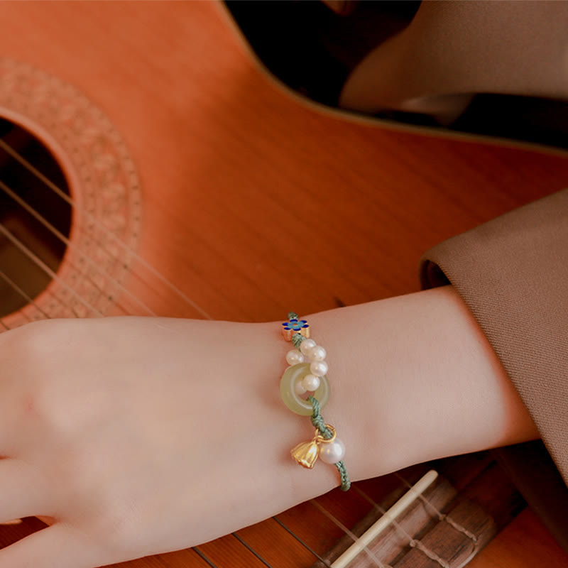 Nimara Ritual Natural Hetian Jade Peace Buckle Pearl Luck Handcrafted Braided Bracelet