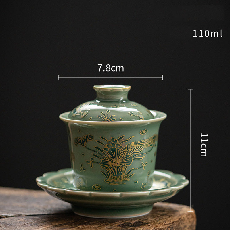 Nimara Ritual Green Porcelain Butterfly Flower Salmon Fish Ceramic Gaiwan Sancai Teacup Kung Fu Tea Cup And Saucer With Lid