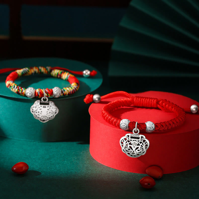 Nimara Ritual 925 Sterling Silver Chinese Lock Charm Multicolored Red String Protection Handmade Braided Kids Bracelet
