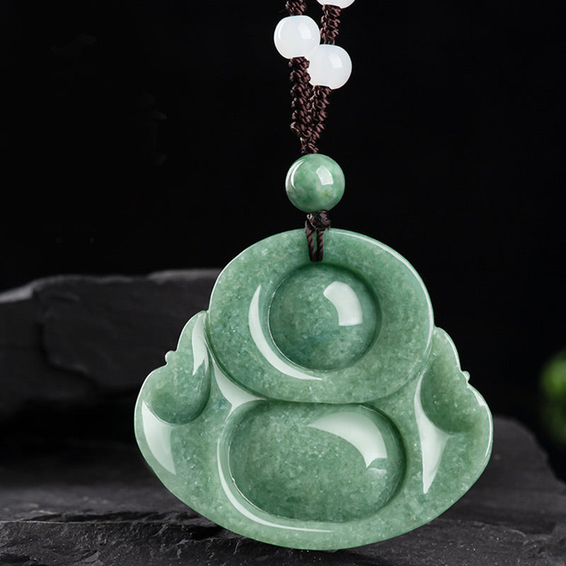 Nimara Ritual Laughing Buddha Cyan Jade Harmony Necklace String Bead Pendant