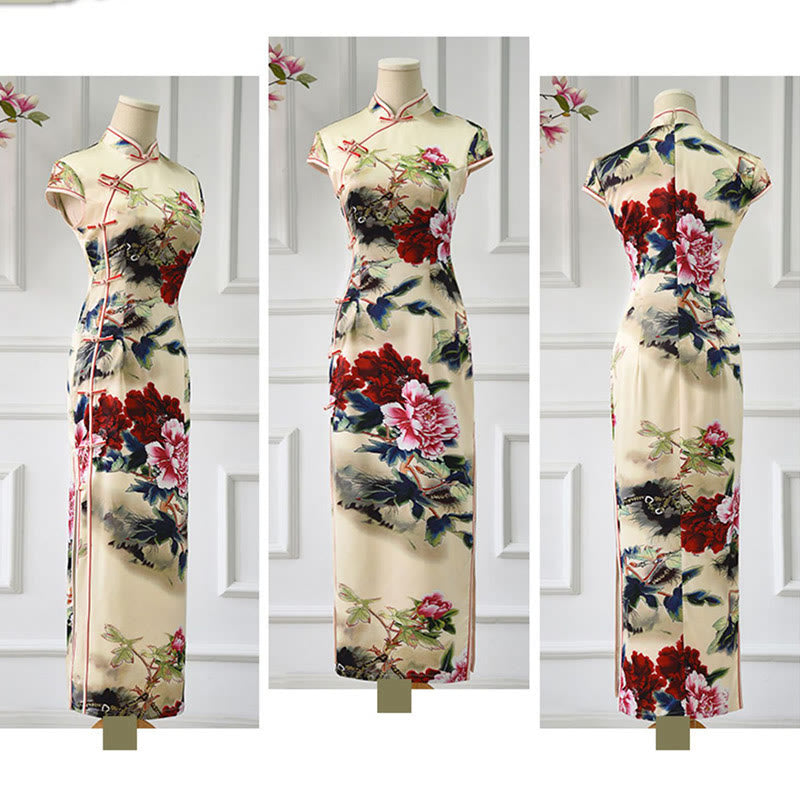 Nimara Ritual Peony Flower Print Cheongsam Dress Women's Qipao