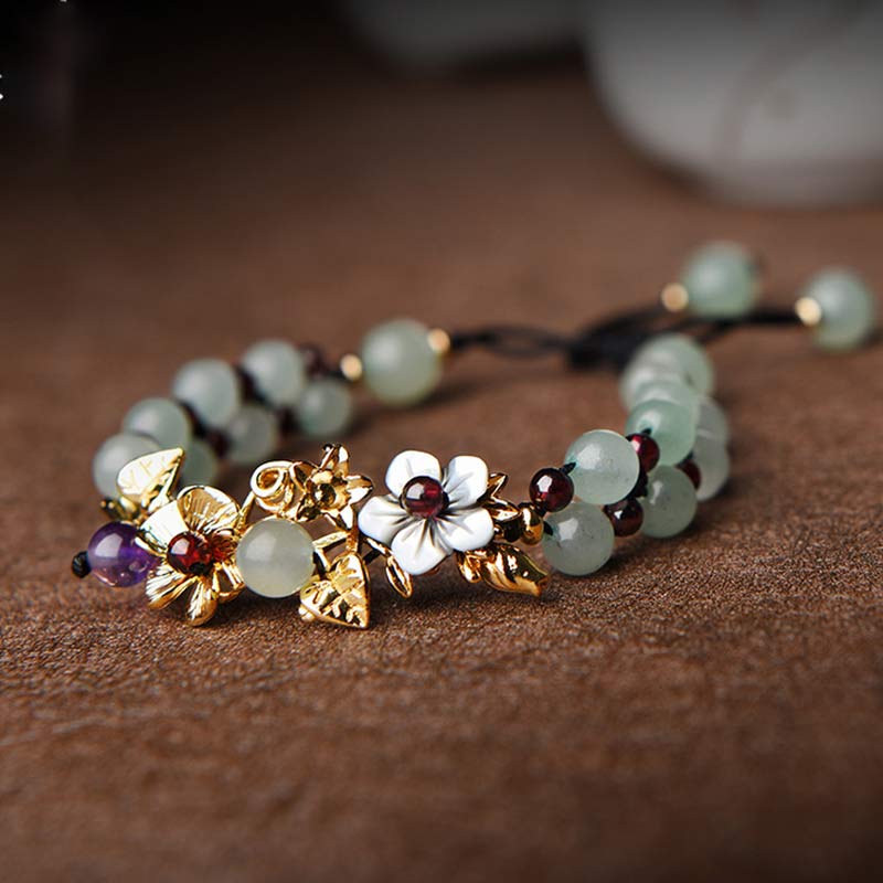 Nimara Ritual Green Aventurine Garnet Bead Flower Petal Luck Bracelet