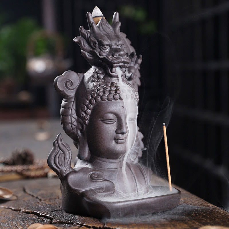 Nimara Ritual Dragon Buddha Auspicious Clouds Purple Clay Healing Incense Burner Decoration