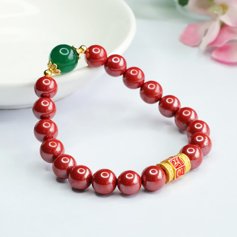 Nimara Ritual Natural Cinnabar Green Agate Om Mani Padme Hum Pattern Blessing Bracelet