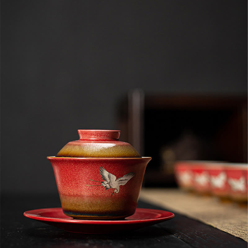 Nimara Ritual Red Auspicious Crane Ceramic Gaiwan Sancai Teacup Kung Fu Tea Cup And Saucer With Lid
