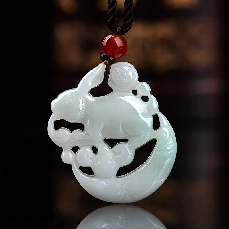 Nimara Ritual Year of the Rabbit White Jade Crescent Moon Protection Necklace Pendant