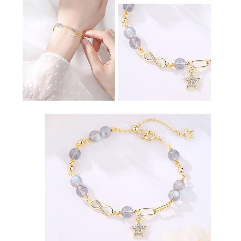 Nimara Ritual 14K Gold Plated Natural Strawberry Quartz Moonstone MAbius Loop Eternal Love Star Positive Bracelet