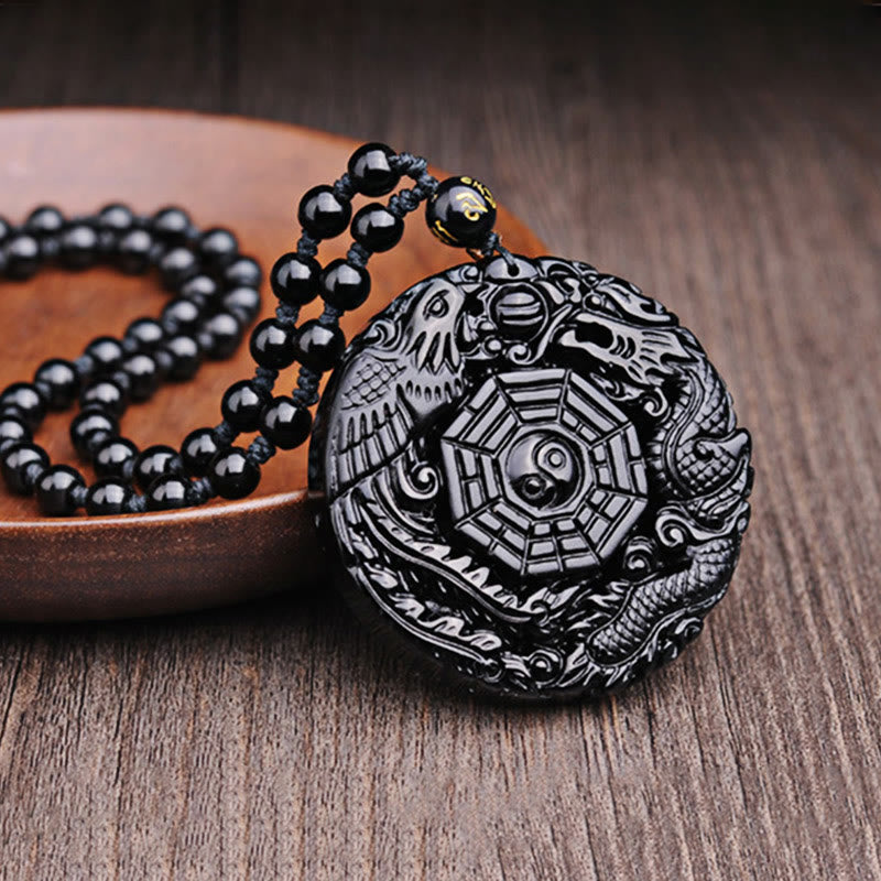 Nimara Ritual Bagua Dragon Phoenix Obsidian Fulfilment Pendant Necklace