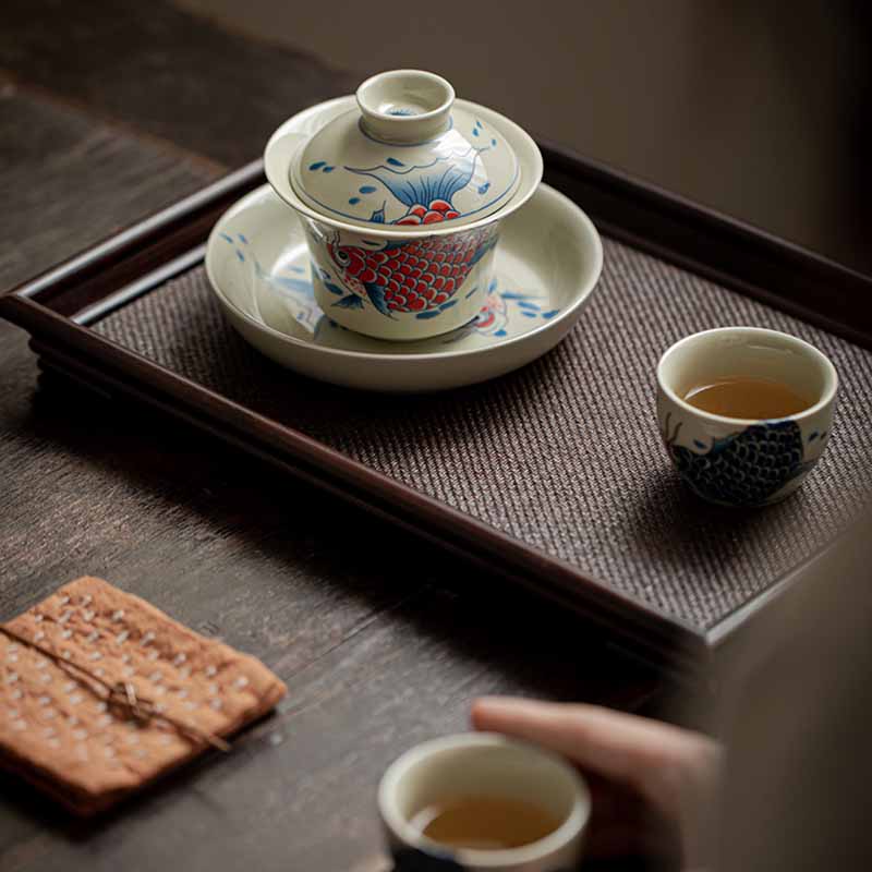 Nimara Ritual Koi Fish Arowana Ceramic Gaiwan Sancai Teacup Kung Fu Tea Cup With Lid 130ml