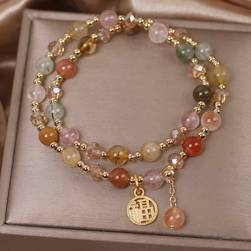 Nimara Ritual Multicolored Rutilated Quartz Fu Character Auspiciousness Bracelet