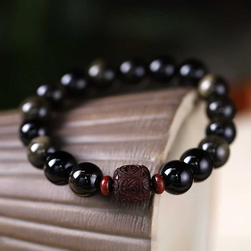 Nimara Ritual Natural Gold Sheen Obsidian Rainbow Obsidian Om Mani Padme Hum Fu Character Healing Bracelet