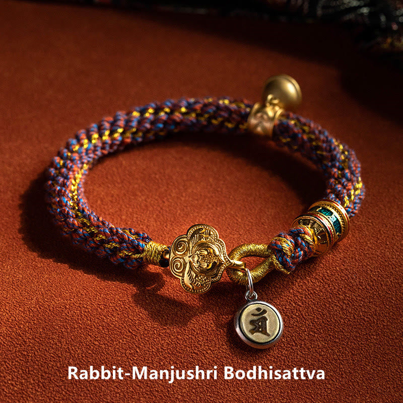 Nimara Ritual 925 Sterling Silver Chinese Zodiac Natal Buddha Om Mani Padme Hum Luck Bell Braided String Bracelet