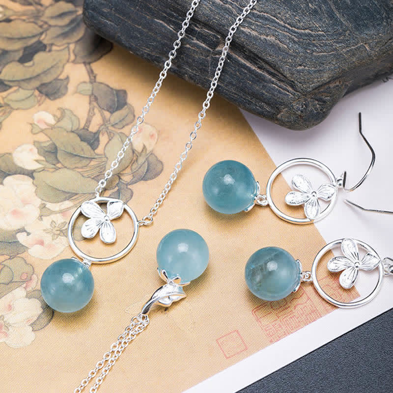 Nimara Ritual 925 Sterling Silver Natural Aquamarine Leaf Flower Peace Earrings Necklace