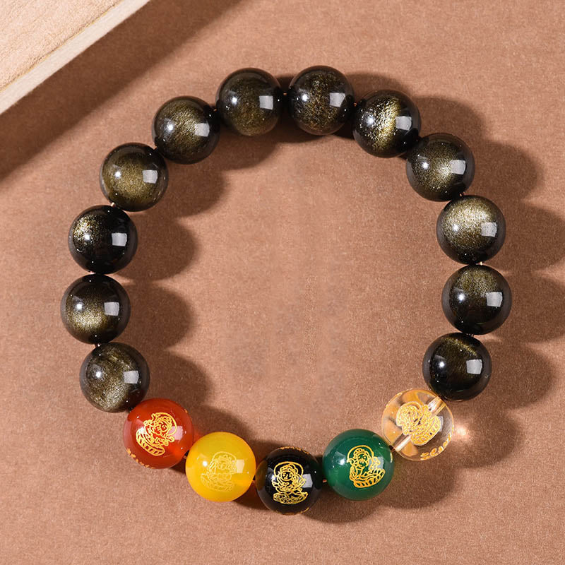Nimara Ritual Gold Sheen Obsidian Rainbow Obsidian Black Obsidian Five Directions Gods of Wealth Bracelet