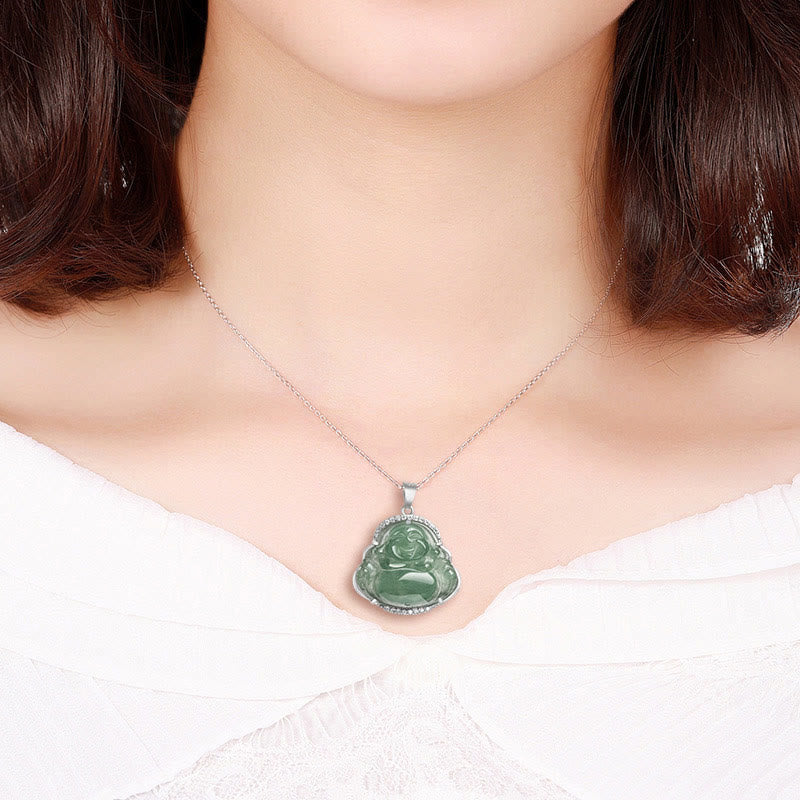 Nimara Ritual Laughing Buddha Natural Jade Luck Prosperity Necklace Titanium Steel Chain Pendant