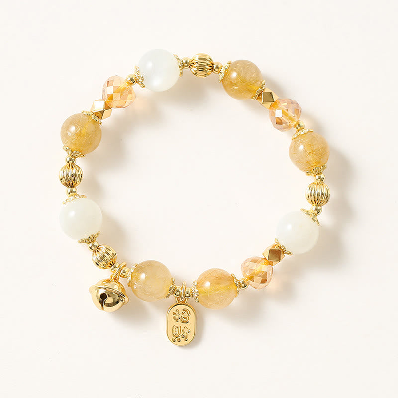 Nimara Ritual 14K Gold Plated Golden Rutilated Quartz Wealth Bell Lucky Fortune Charm Bracelet