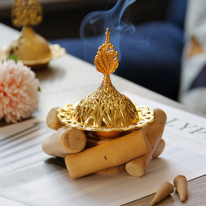 Nimara Ritual Gold Alloy Healing Mini Incense Burner With Wooden Coaster Home Decor