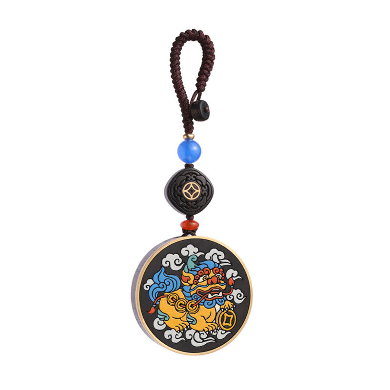 Nimara Ritual PiXiu Copper Coin Ebony Wood Luck Attract Wealth Key Chain Decoration