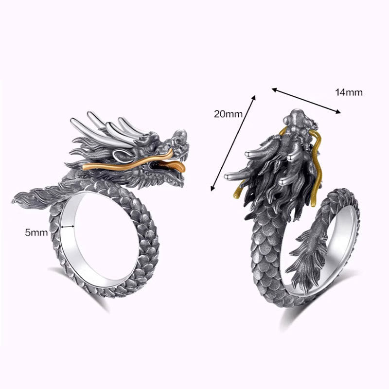 Nimara Ritual 925 Sterling Silver Vintage Dragon Design Protection Strength Adjustable Ring