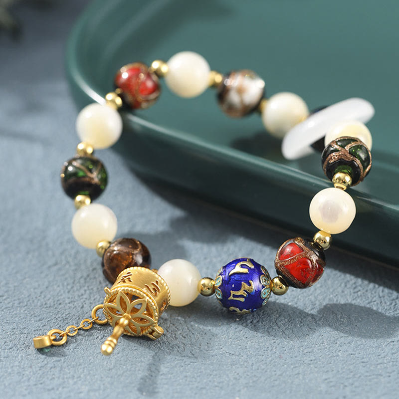 Nimara Ritual Tibetan Incense Ash Liuli Glass Tridacna Stone Sun Stone Om Mani Padme Hum Prayer Wheel Charm Bracelet