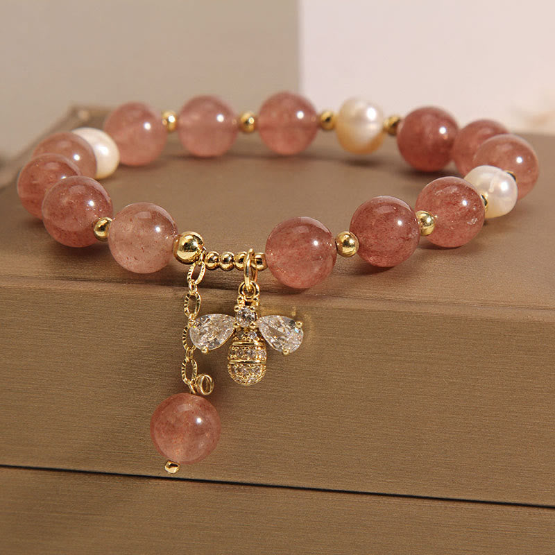 Nimara Ritual Strawberry Quartz Pearl Cute Zircon Honeybee Positive Charm Bracelet