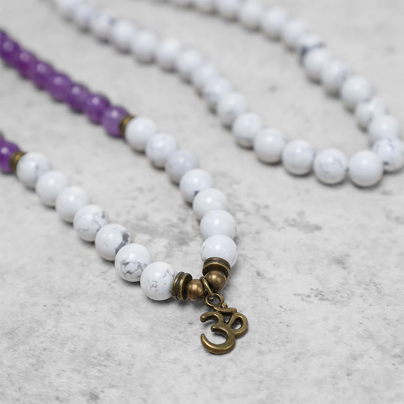 Nimara Ritual 108 Mala Beads Amethyst White Turquoise OM Healing Meditation Energy Bracelet