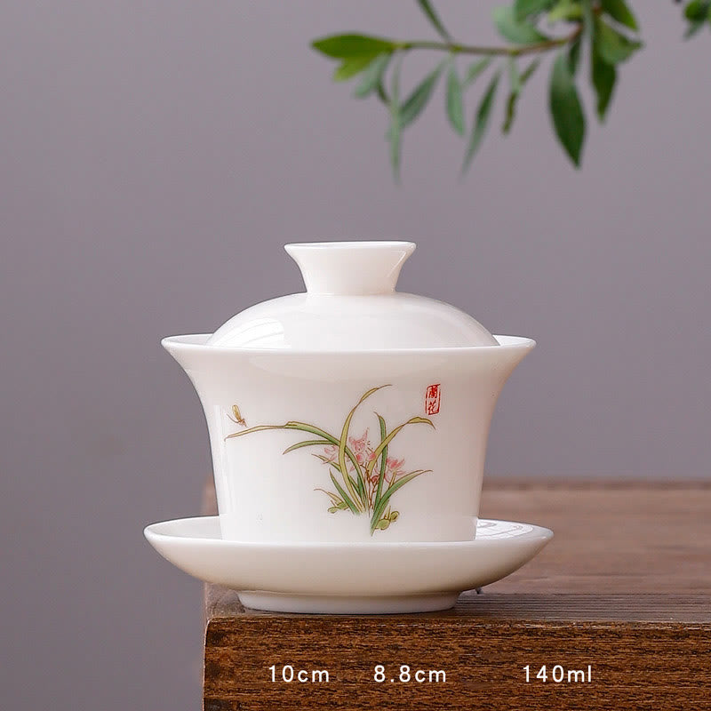 Nimara Ritual White Porcelain Mountain Landscape Countryside Ceramic Gaiwan Teacup Kung Fu Tea Cup And Saucer With Lid